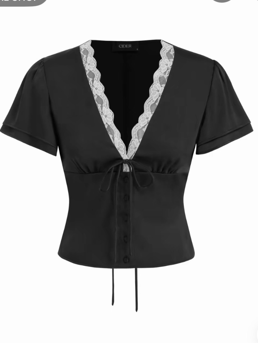 Cider Black Satin Blouse with White Lace Trim